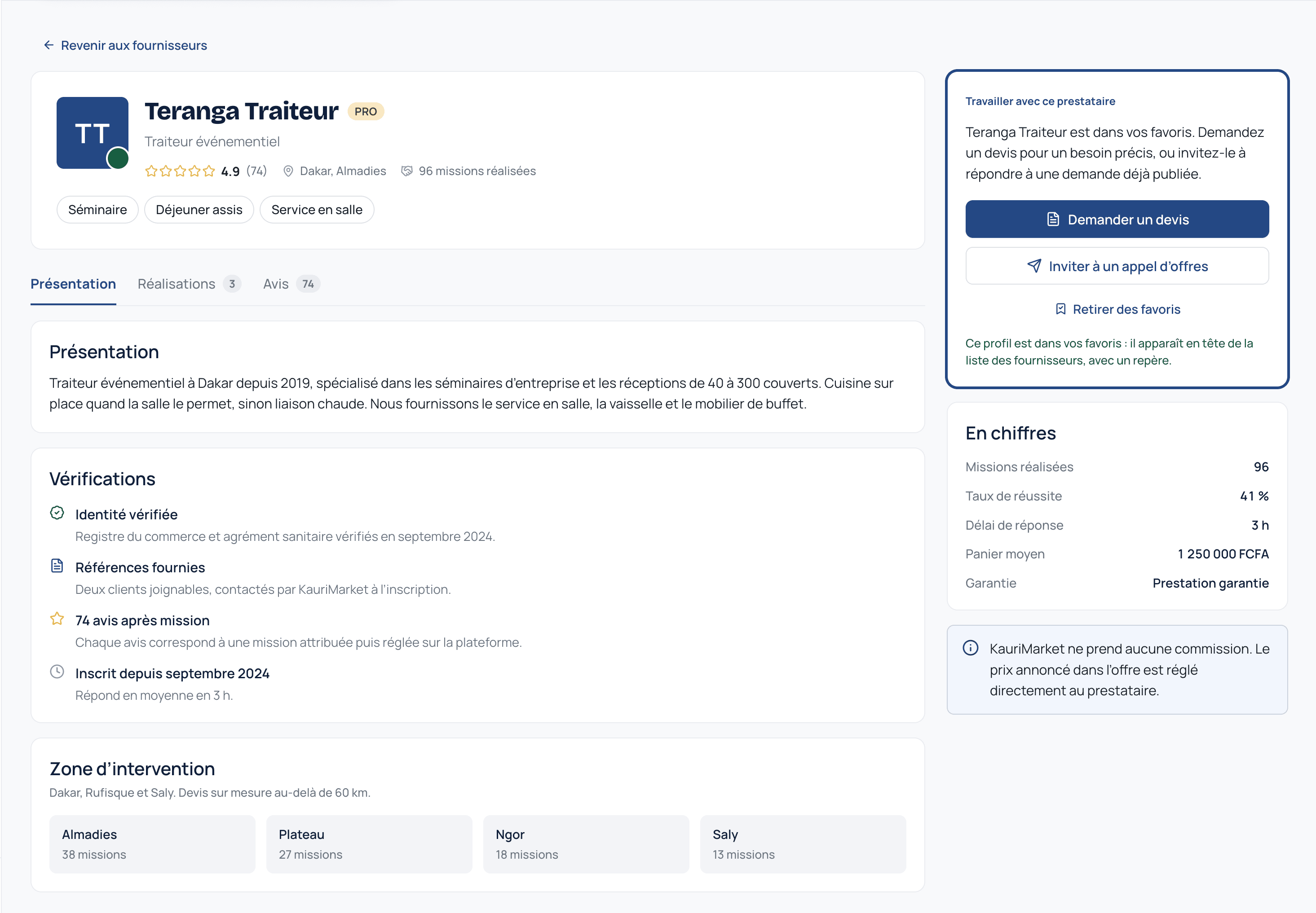 Fiche du prestataire Teranga Traiteur : identité vérifiée, note, missions réalisées, taux de réussite et zone d’intervention.