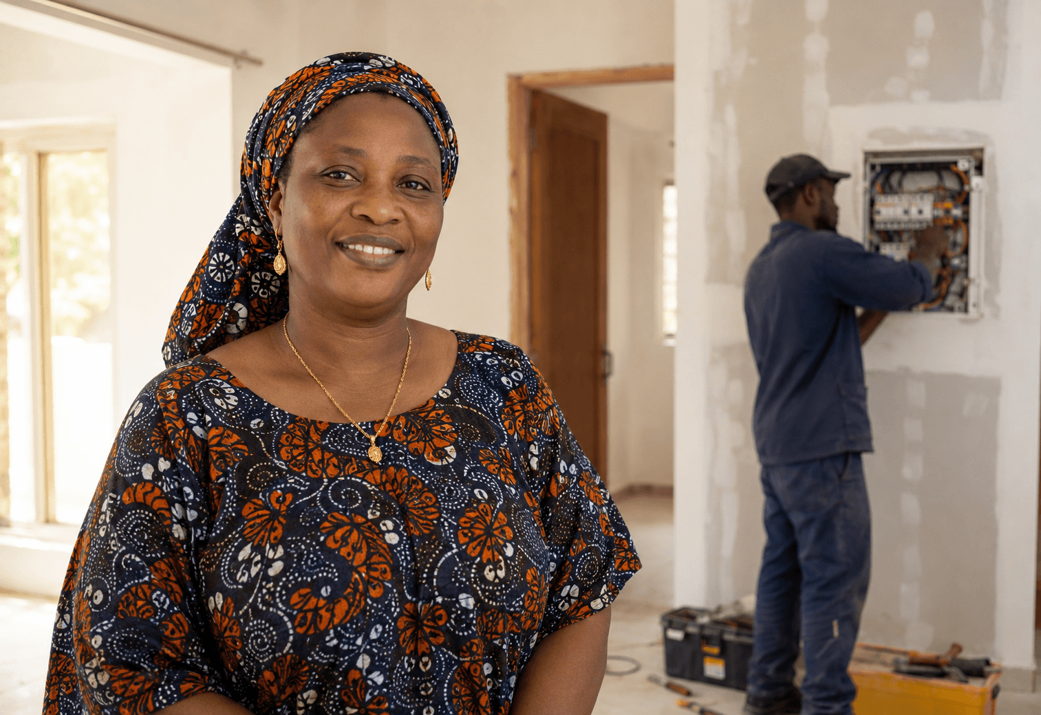 Une cliente sourit dans sa maison en travaux pendant qu’un électricien intervient sur le tableau derrière elle.