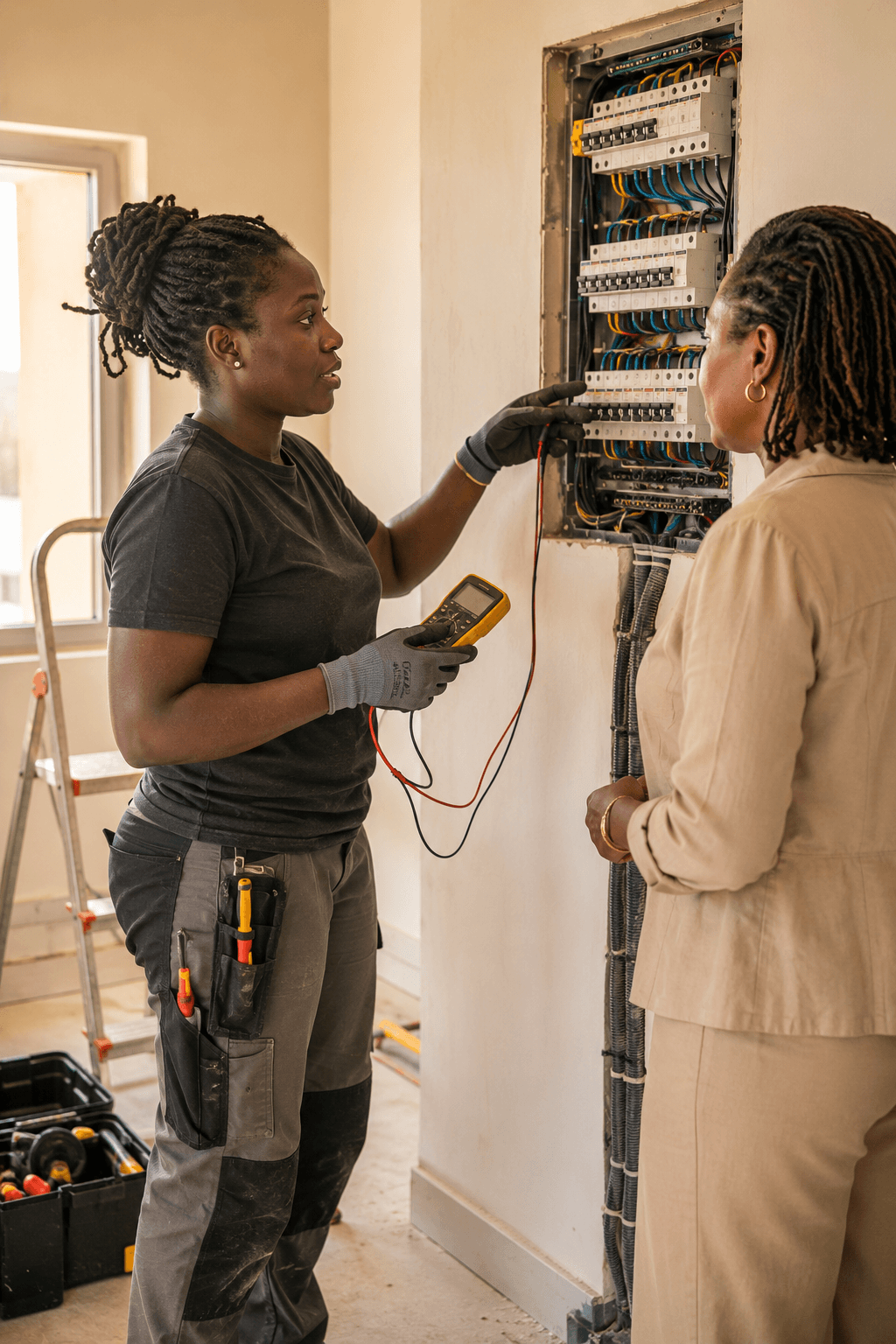 Une électricienne explique la remise aux normes d’un tableau électrique à sa cliente, sur un chantier à Dakar.